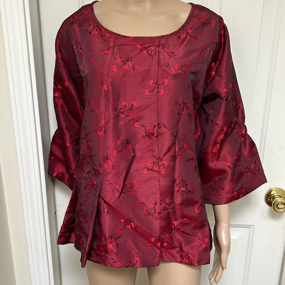 Custom Made Unique Red Asian Print Pleated Blouse Back Tie Peplum Puffy Sleeves